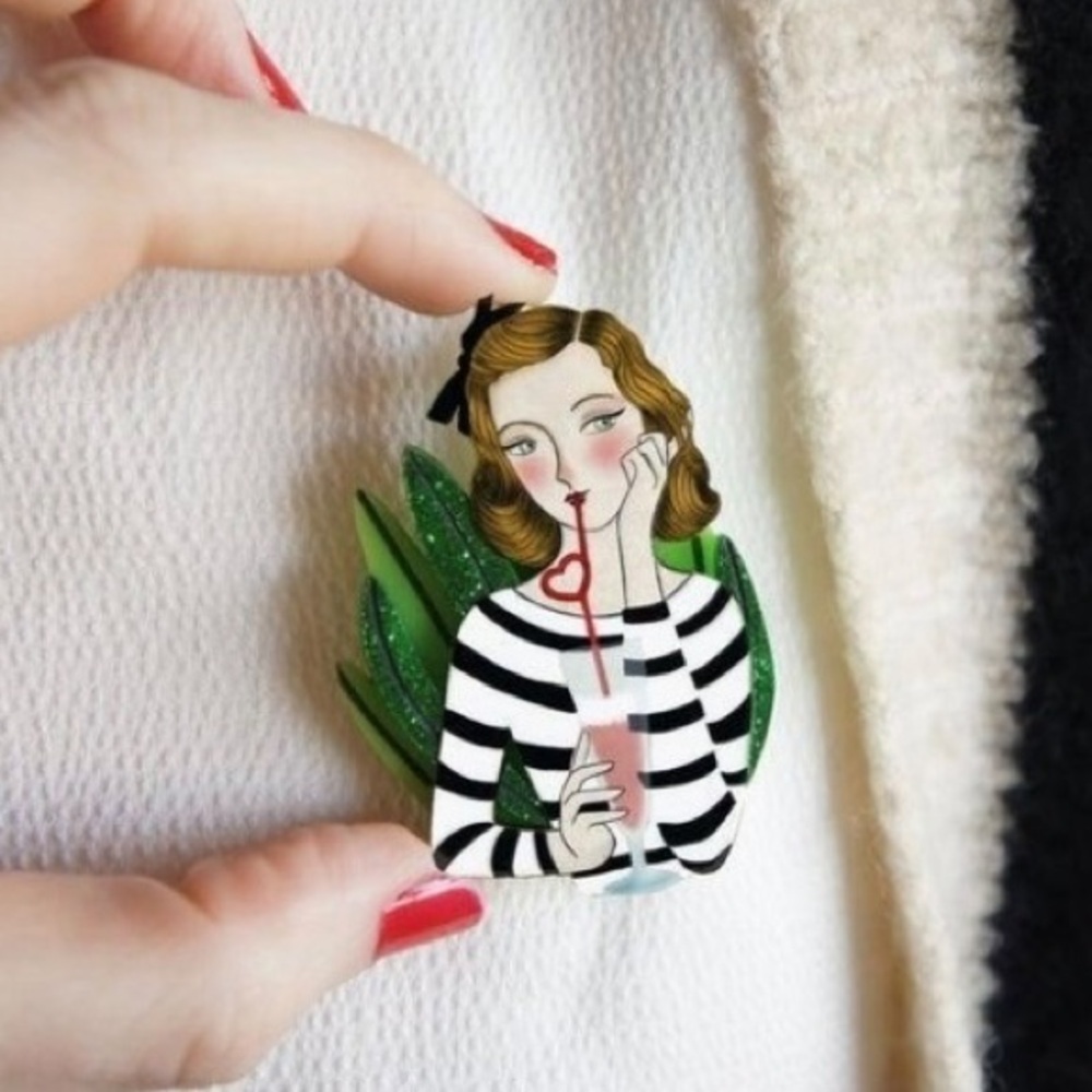 Pinup with Milkshake Brooch Special Days Collection Black White Stripe Laliblue